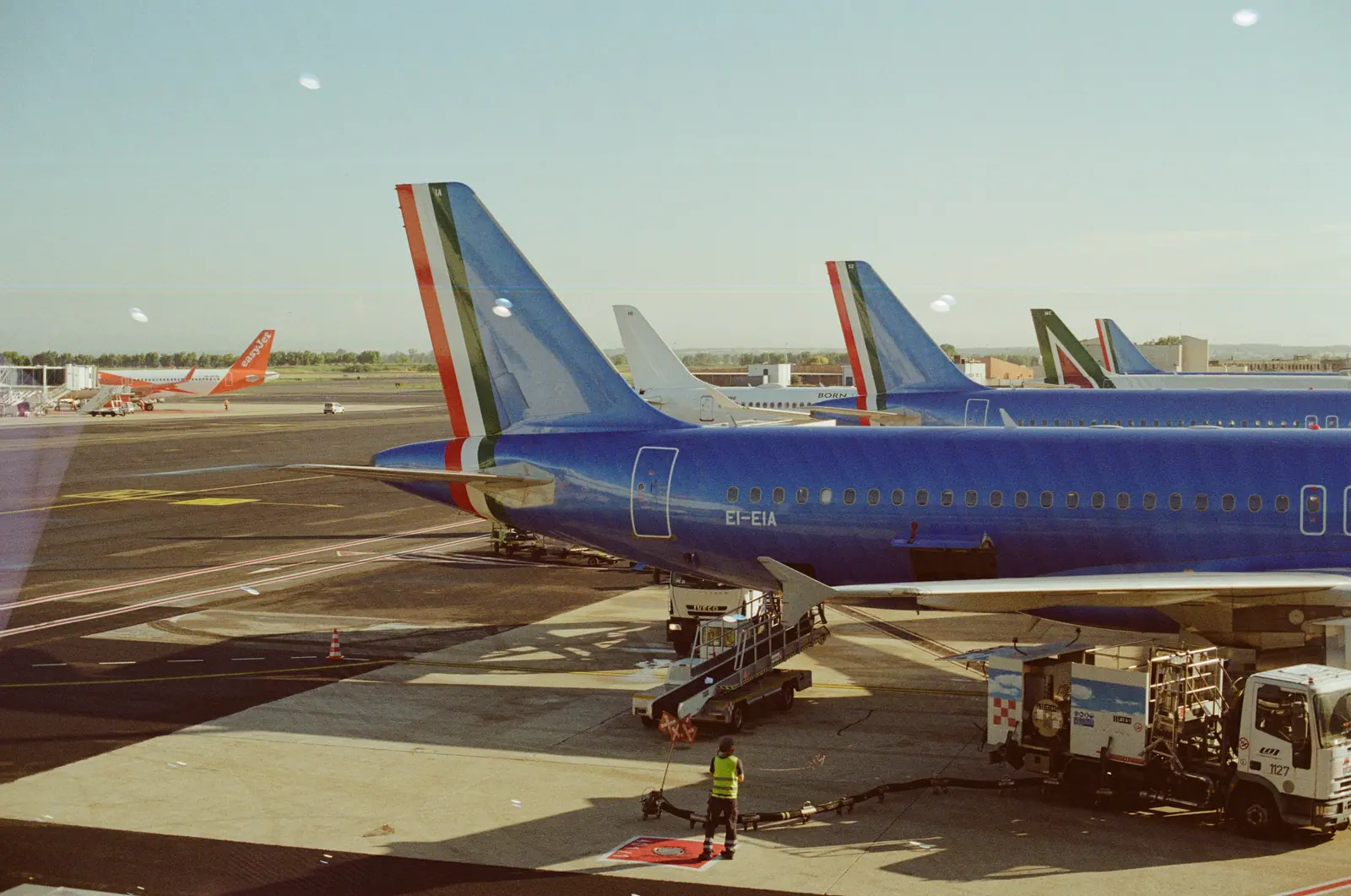 Blue airliners with green, white and red tail fins parked on a sunlit apron, ground vehicles beside them.