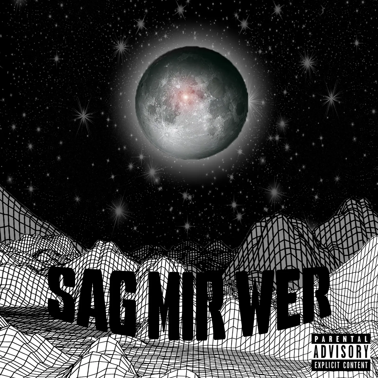 Cover for “Sag mir wer”: a full moon over a black-and-white wireframe landscape, the title in bold letters across the bottom.