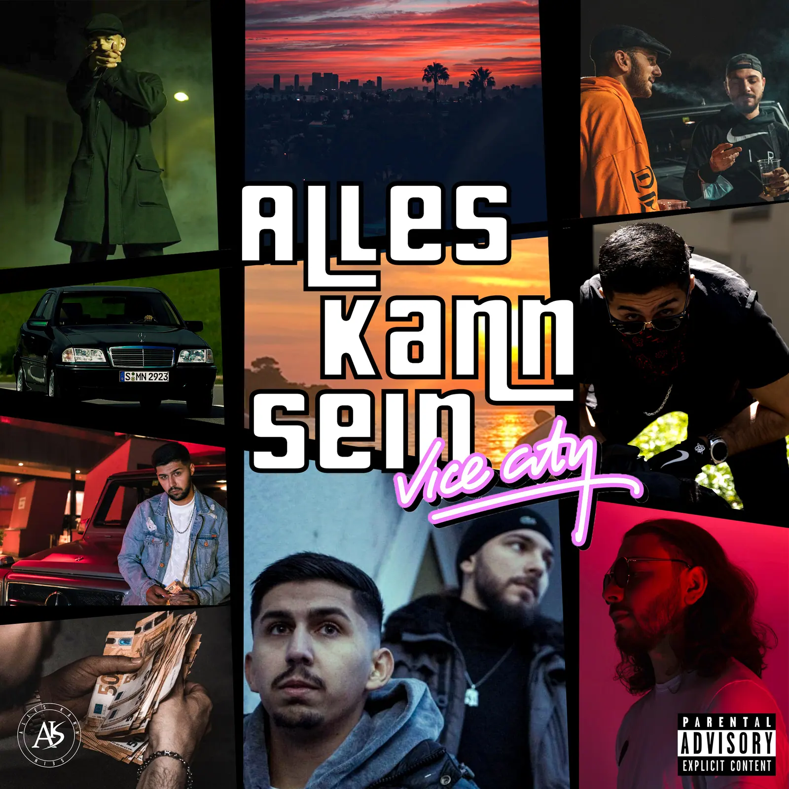 Cover for “Alles kann sein – Vice City”: a collage of portraits, cars and night skylines around the title in a neon Vice City style.