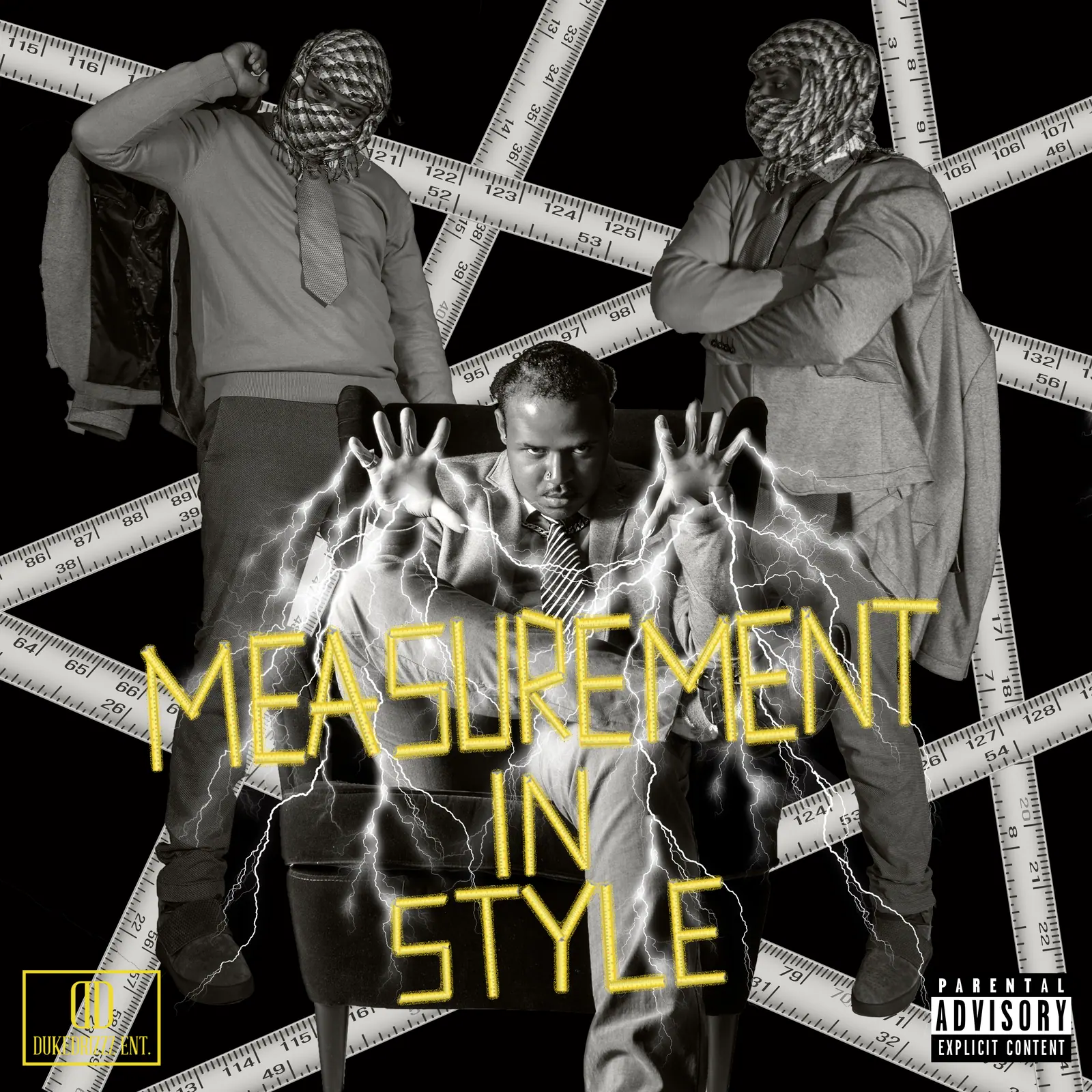 Cover for “Measurement in Style”: three masked figures in a black-and-white room of criss-crossed tape, the title in yellow hand lettering with lightning.
