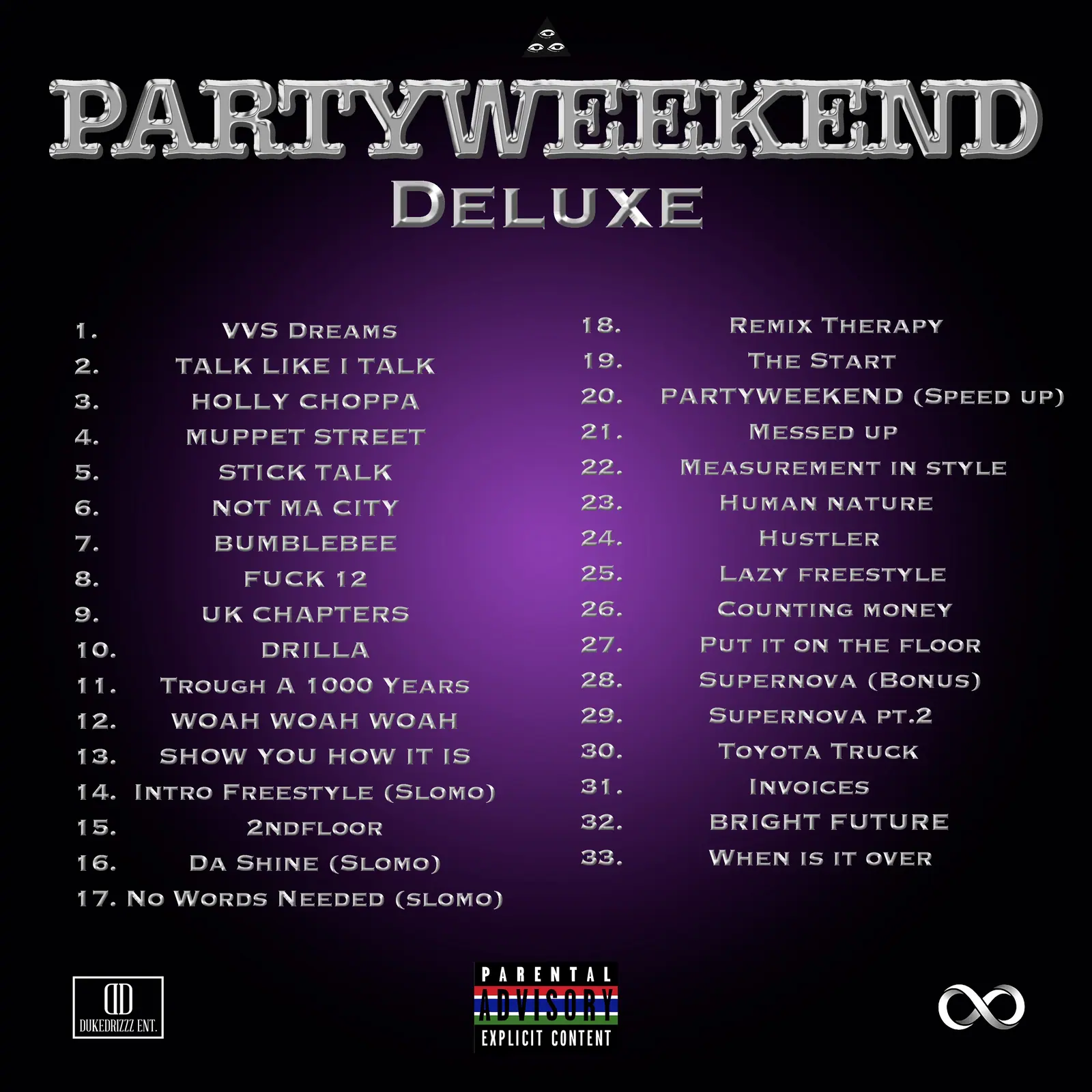 Tracklist artwork for “Partyweekend Deluxe”: 33 song titles in two columns on a dark purple background.