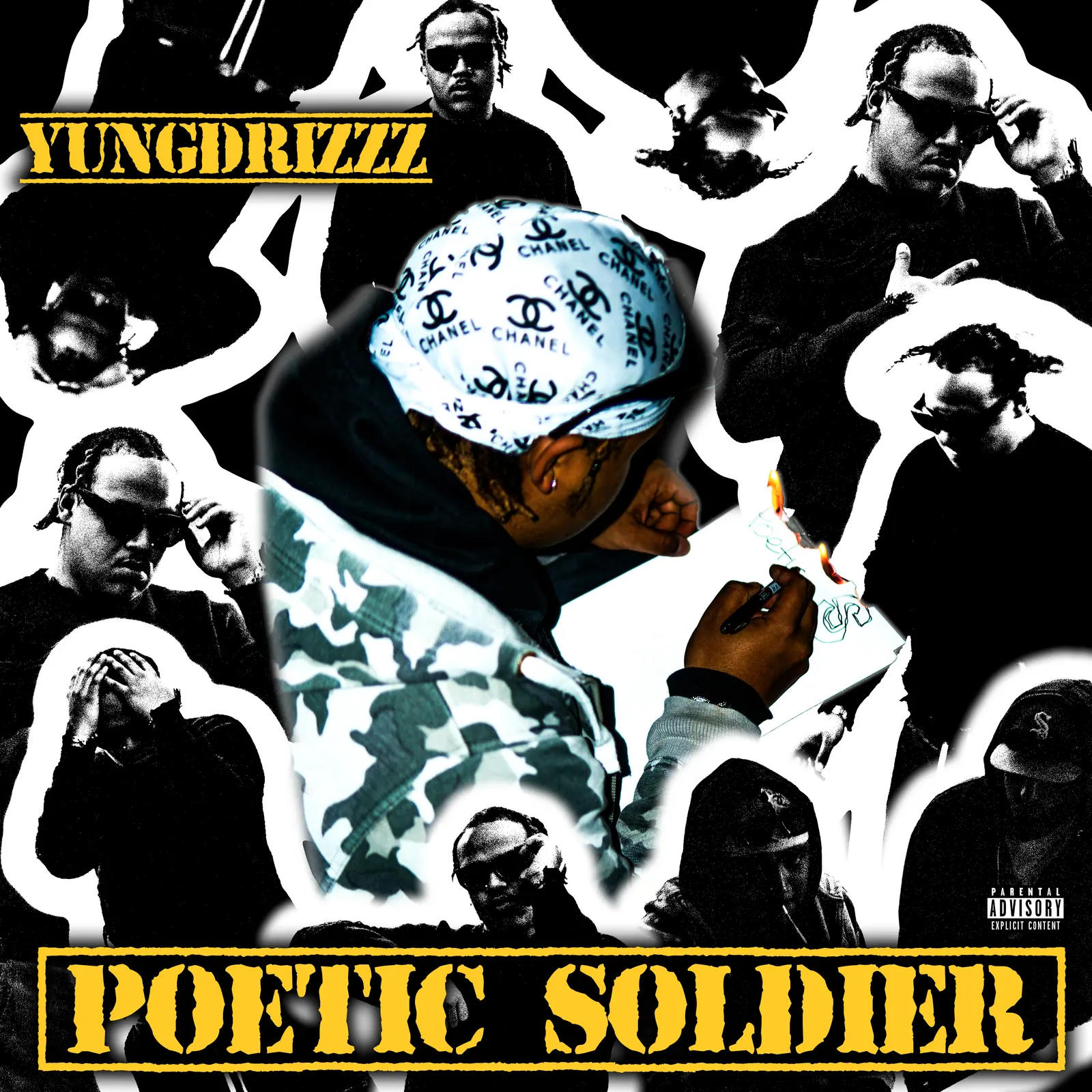 Cover for “Poetic Soldier” by Yungdrizzz: a man in a patterned bucket hat lighting a cigarette, surrounded by cut-out repeats of the same figure, title in yellow.